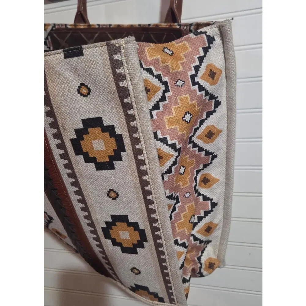 Wrangler Southwestern Aztec Canvas Tote Bag – Boho Shoulder Purse Handbag